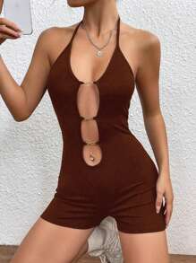 Zolique 鏈條細節鏤空後背繫帶吊脖彈力緊身連體短褲 - 咖啡棕 - 查看 5