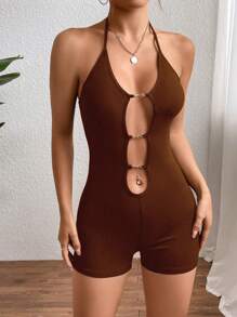 Zolique 鏈條細節鏤空後背繫帶吊脖彈力緊身連體短褲 - 咖啡棕 - 查看 6