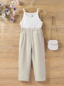 SHEIN Young Girl Solid Cami Top & Shawl Collar Coat & Pants - Khaki - View 4