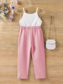 SHEIN Young Girl Solid Cami Top & Shawl Collar Coat & Pants