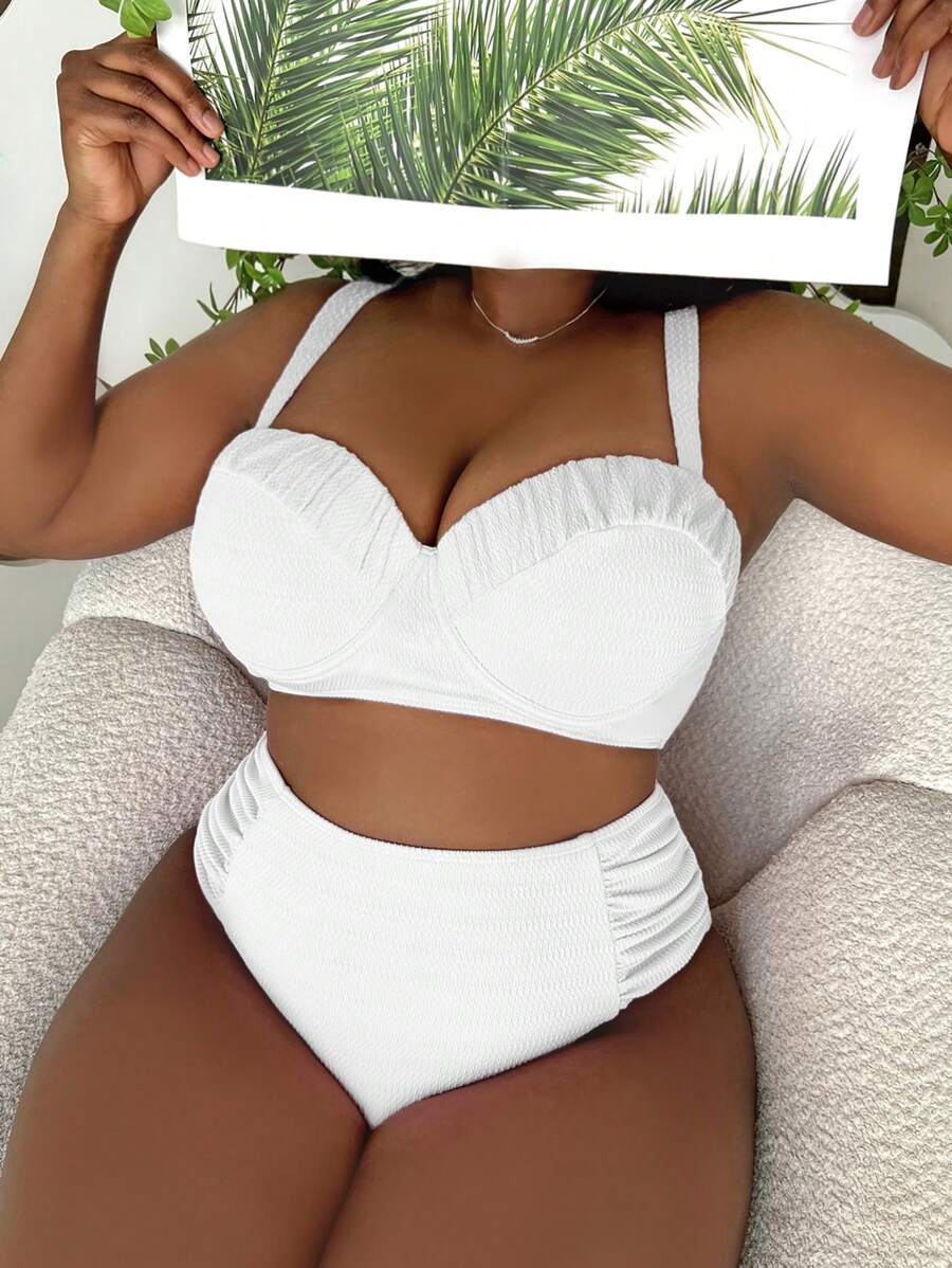 Slaydiva Summer Beach Plus Size Ruched Push Up Bikini Set - White - View 1