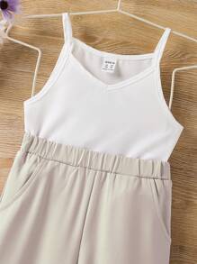 SHEIN Young Girl Solid Cami Top & Shawl Collar Coat & Pants - Khaki - View 5