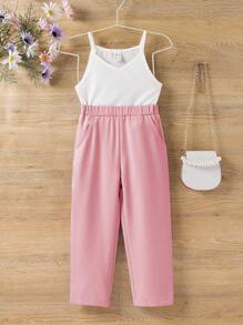 SHEIN Young Girl Solid Cami Top & Shawl Collar Coat & Pants
