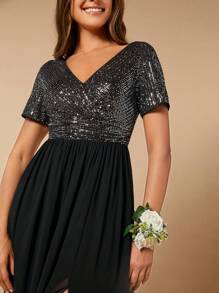 SHEIN Belle Contrast Sequin Split Thigh Chiffon Dress - Black - View 7