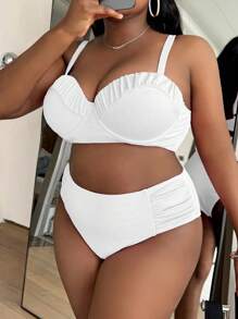 Slaydiva Summer Beach Plus Size Ruched Push Up Bikini Set - White - View 3