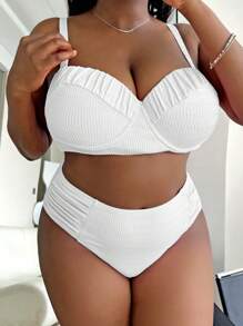 Slaydiva Summer Beach Plus Size Ruched Push Up Bikini Set - White - View 4