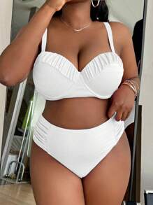 Slaydiva Summer Beach Plus Size Ruched Push Up Bikini Set - White - View 5