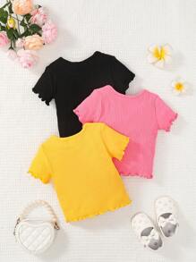 女嬰3入組條紋針織缺口領木耳邊T恤 - 彩色 - 查看 2