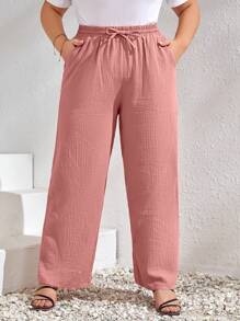 SHEIN LUNE Talla grande Pantalones de pierna ancha de cintura con cordón - Rosa vieja - Ver 1