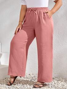 SHEIN LUNE Talla grande Pantalones de pierna ancha de cintura con cordón - Rosa vieja - Ver 4