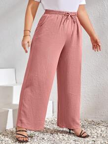SHEIN LUNE Talla grande Pantalones de pierna ancha de cintura con cordón - Rosa vieja - Ver 5