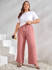SHEIN LUNE Talla grande Pantalones de pierna ancha de cintura con cordón - Rosa vieja - Ver 6