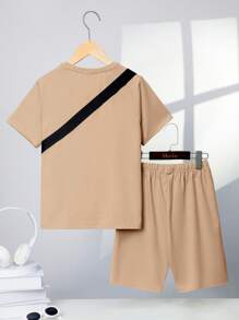 SHEIN 男大童素色T恤和短褲和包 - 卡其色 - 查看 2