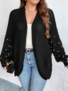 SHEIN Clasi Plus Size Pearls Beaded Batwing Sleeve Cardigan - Black - View 1