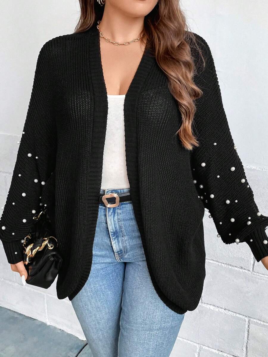 SHEIN Clasi Plus Size Pearls Beaded Batwing Sleeve Cardigan - Black - View 1