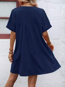 Breezaya Notched Neck Batwing Sleeve Smock Dress - Navy Blue - View 2