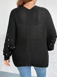 SHEIN Clasi Plus Size Pearls Beaded Batwing Sleeve Cardigan - Black - View 2