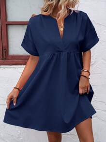Breezaya Notched Neck Batwing Sleeve Smock Dress - Navy Blue - View 3