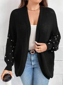 SHEIN Clasi Plus Size Pearls Beaded Batwing Sleeve Cardigan - Black - View 3