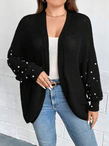SHEIN Clasi Plus Size Pearls Beaded Batwing Sleeve Cardigan - Black - View 4