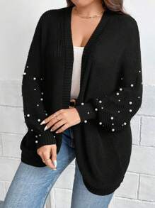 SHEIN Clasi Plus Size Pearls Beaded Batwing Sleeve Cardigan - Black - View 5