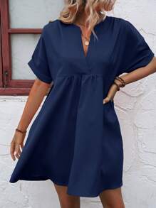 Breezaya Notched Neck Batwing Sleeve Smock Dress - Navy Blue - View 6