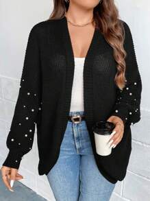 SHEIN Clasi Plus Size Pearls Beaded Batwing Sleeve Cardigan - Black - View 6