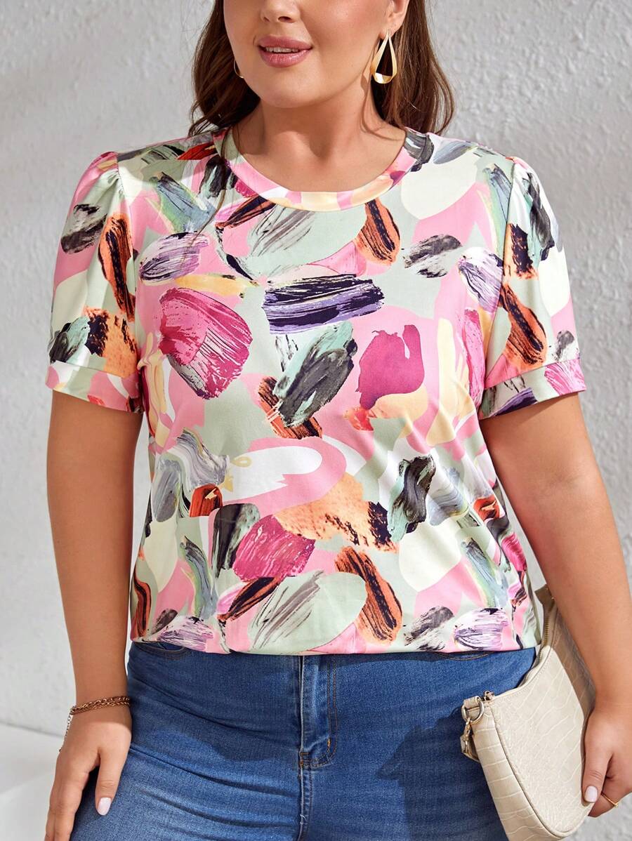 SHEIN LUNE 大碼筆刷圖案T恤 - 彩色 - 查看 1