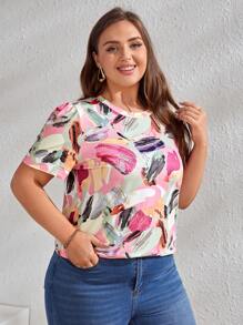 SHEIN LUNE 大碼筆刷圖案T恤 - 彩色 - 查看 5