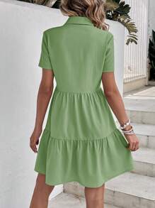 SHEIN VCAY Solid Button Front Ruffle Hem Smock Dress