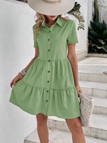 SHEIN VCAY Solid Button Front Ruffle Hem Smock Dress