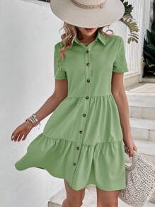 SHEIN VCAY Solid Button Front Ruffle Hem Smock Dress