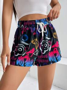 SHEIN Coolane Shorts con estampado de grafiti de cintura con cordón - Negro - Ver 3