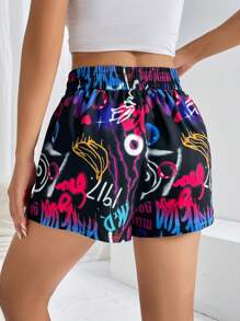 SHEIN Coolane Shorts con estampado de grafiti de cintura con cordón - Negro - Ver 2