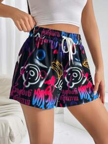 SHEIN Coolane Shorts con estampado de grafiti de cintura con cordón - Negro - Ver 4