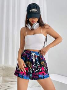 SHEIN Coolane Shorts con estampado de grafiti de cintura con cordón - Negro - Ver 5