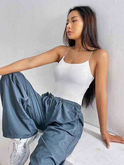 SHEIN EZwear 素色露背繫帶吊帶連體衣