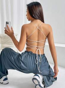 SHEIN EZwear 素色露背繫帶吊帶連體衣