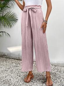 SHEIN Frenchy Paperbag Waist Belted Wide Leg Pants - Dusty Pink - View 3