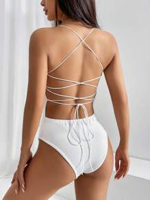 SHEIN EZwear 素色露背繫帶吊帶連體衣