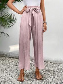 SHEIN Frenchy Paperbag Waist Belted Wide Leg Pants - Dusty Pink - View 5