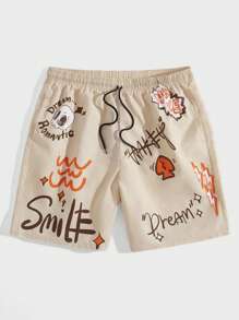 ROMWE MEN Street Life 男士字母图案抽绳腰短裤，学校