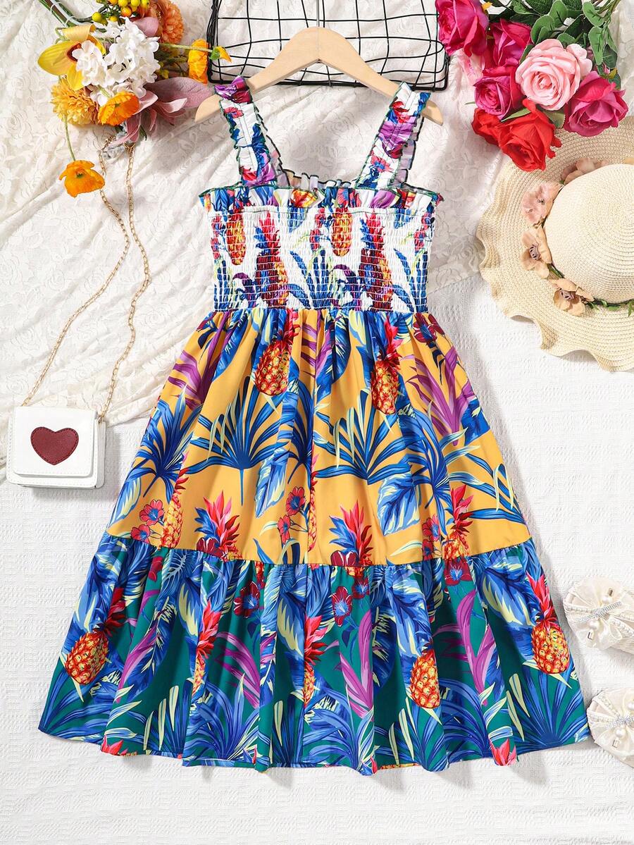 SHEIN Cô gái Tween Bản in nhiệt đới Xù Hoa Sen Váy Dây - trắng - Xem 1