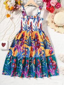 SHEIN Cô gái Tween Bản in nhiệt đới Xù Hoa Sen Váy Dây - trắng - Xem 2