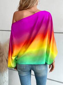SHEIN LUNE Ombre Asymmetrical Neck Batwing Sleeve Blouse - Multicolor - View 2