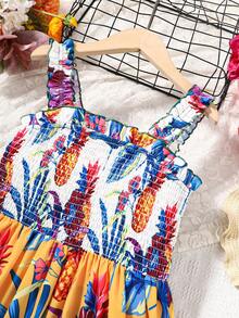 SHEIN Cô gái Tween Bản in nhiệt đới Xù Hoa Sen Váy Dây - trắng - Xem 3