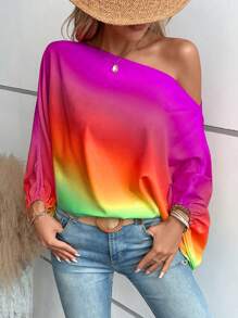 SHEIN LUNE Ombre Asymmetrical Neck Batwing Sleeve Blouse - Multicolor - View 3