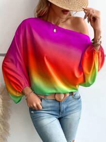 SHEIN LUNE Ombre Asymmetrical Neck Batwing Sleeve Blouse - Multicolor - View 4