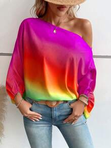 SHEIN LUNE Ombre Asymmetrical Neck Batwing Sleeve Blouse - Multicolor - View 5