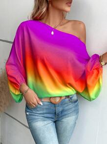SHEIN LUNE Ombre Asymmetrical Neck Batwing Sleeve Blouse - Multicolor - View 6